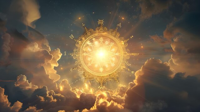 Illustration of astrologys power with a golden zodiac shining in the sky . Concept Astrology, Zodiac Signs, Golden Shining, Sky Illustration, Mystical Art