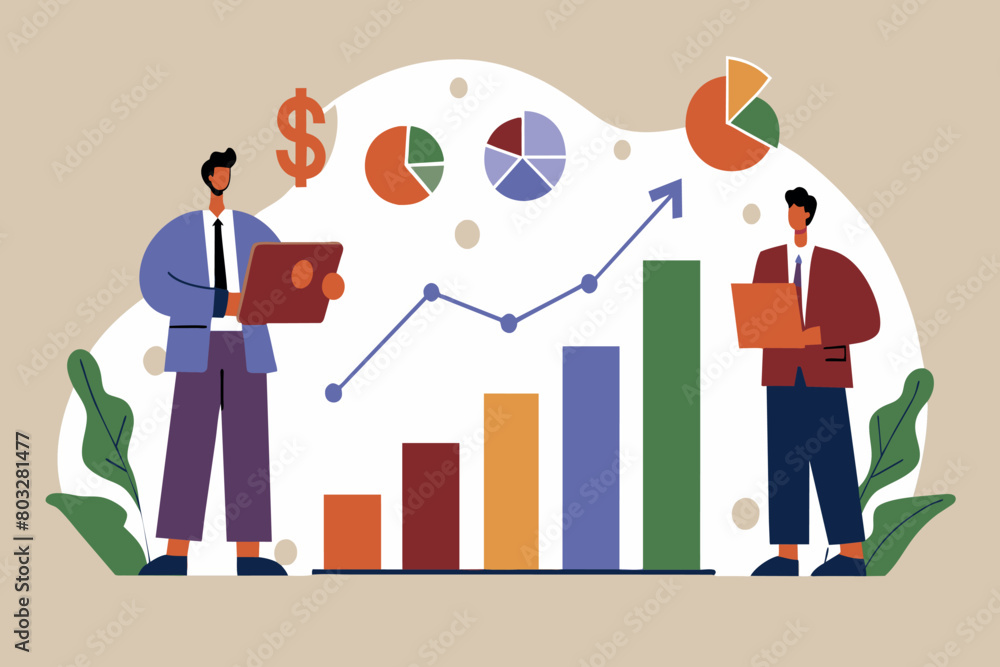Poster two professionals analyzing financial data on bar graphs and pie charts