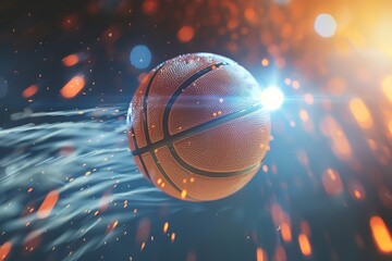 Dynamic basketball in motion with light trails and sparks.