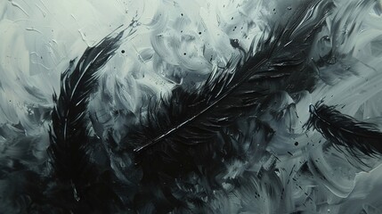 Obraz premium A dark stormy sky with black feathers falling.