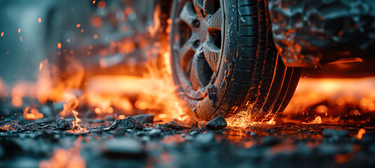 Close-up view of car tires that is damaged in accident. Car is burning.