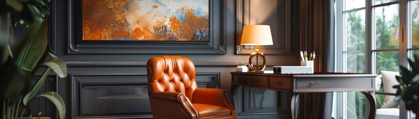 A dark wood paneled study with a brown leather chair, wooden desk, and large colorful painting.