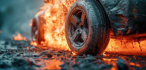Close-up view of car tires that is damaged in accident. Car is burning.