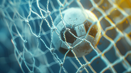 A soccer ball glistening with water droplets in a net, illuminated with a cool blue tone