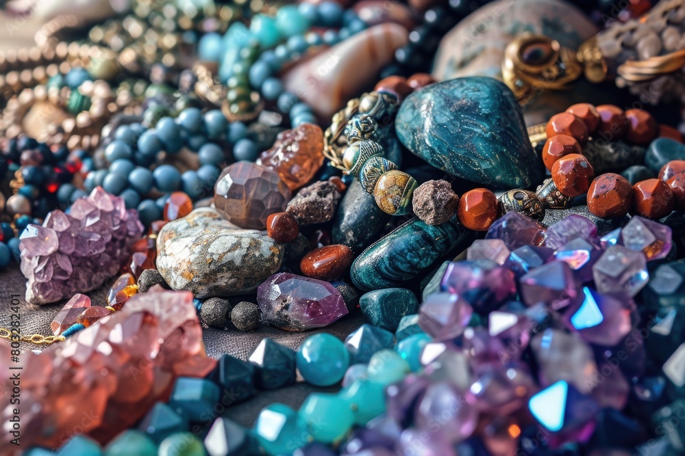 Poster a variety of colorful stones arranged on a table. ideal for interior design projects