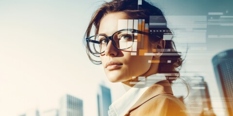 Double exposure of businesswoman silhouette and modern city. Generative AI.