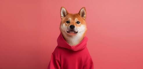 A Shiba Inu dog stands wearing a red hoodie, attentively posing with a head tilt on a pink backdrop.