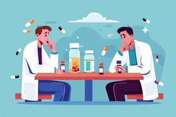 Two men sitting at a table surrounded by pills. Suitable for healthcare and addiction concepts