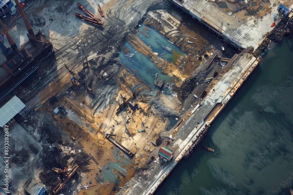 Poster aerial view of a construction site with a pool. perfect for construction projects or real estate con