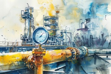 Watercolor painting of a pipe with a clock, perfect for artistic projects
