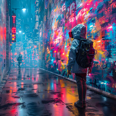 A solitary figure stands in a rain-soaked, neon-lit alleyway, surrounded by vibrant graffiti, creating a vivid urban nightscape.