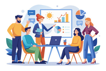 Young business people meeting office teamwork group whiteboard presentation seminar woman businessman businesswoman startup project idea student education training modern flat design simple vector