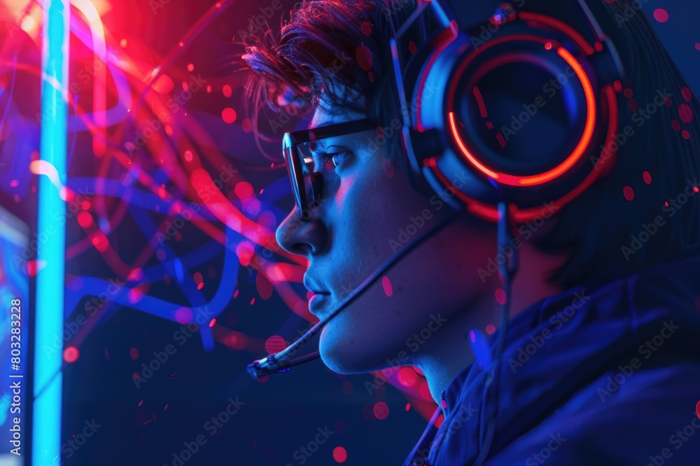 Aufkleber A man wearing headphones and a headset in front of a computer screen. Suitable for technology and communication concepts
