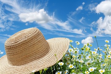 A straw hat rests atop a vibrant field of daisies in the sunshine