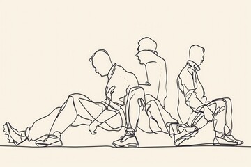 Obraz premium A line drawing of three people sitting on a bench. Suitable for various concepts