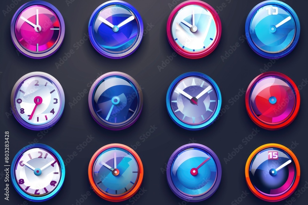 Poster various vibrant clocks on a dark backdrop. perfect for time management concepts
