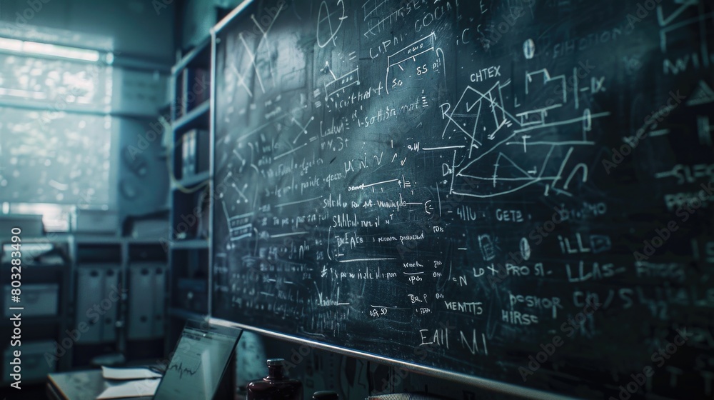 Poster a blackboard filled with various writings and notes, suitable for educational or business concepts