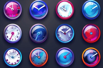 Various vibrant clocks on a dark backdrop. Perfect for time management concepts