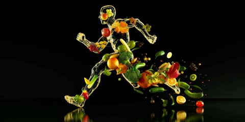 Illustration of a running man made from vegetables and fruits. Healthy food concept. Generative AI.