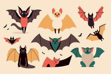 Cartoon bats with various expressions mid-flight