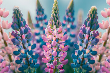 Blooming lupine flowers in the field. Colorful background