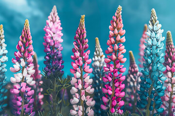 Colorful lupine flowers on blue sky background, close up, flowers background