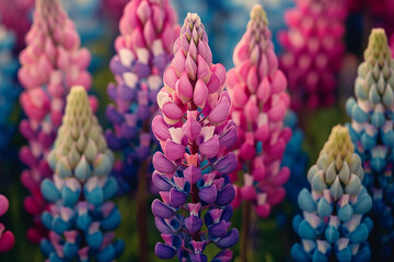 Colorful lupine flowers close-up. Selective focus.