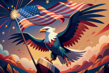 Bald eagle flying with American flag and fireworks in the background