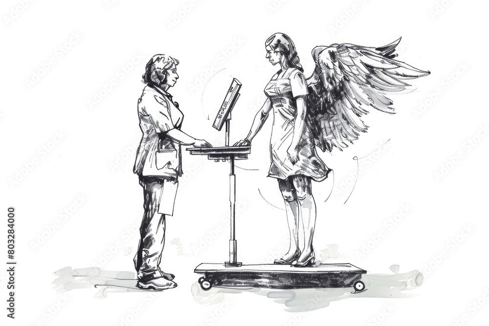 Poster a drawing of a man standing next to a woman. suitable for various concepts