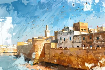 Obraz premium A painting of a city skyline reflecting in the water. Suitable for urban and travel concepts