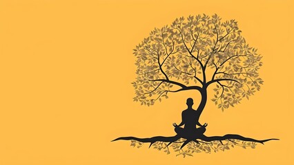 Person meditating under tree each leaf symbolizing mindful thoughts promoting mental wellness. Concept Nature Therapy, Mindful Meditation, Mental Wellness, Self-Care, Serene Environment