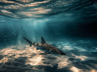 Obraz premium A shark swimming in the ocean, underwater photography, fish around, beautiful sand on the bottom of the sea, dark blue water