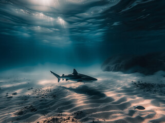 A shark swimming in the ocean, underwater photography, fish around, beautiful sand on the bottom of the sea