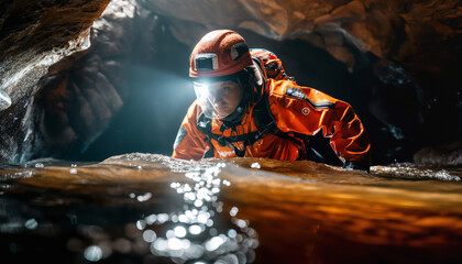 Difficult terrain EMT worker looking for survivors in a dark cave, water flows near, closeup detail.  Generative AI