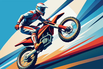 Motocross athlete mid-air after ramp launch on a sunny day