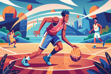 Animated basketball players engaged in an outdoor match