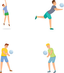 Volleyball icons set cartoon vector. People playing volleyball together. Sport, healthy lifestyle
