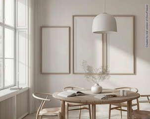 Mock up black frame hanging from a white wall with fall decor on a wood shelf. Autumn concept. Copy space.