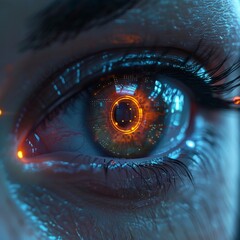 Blue eyeball with orange iris and technological elements.