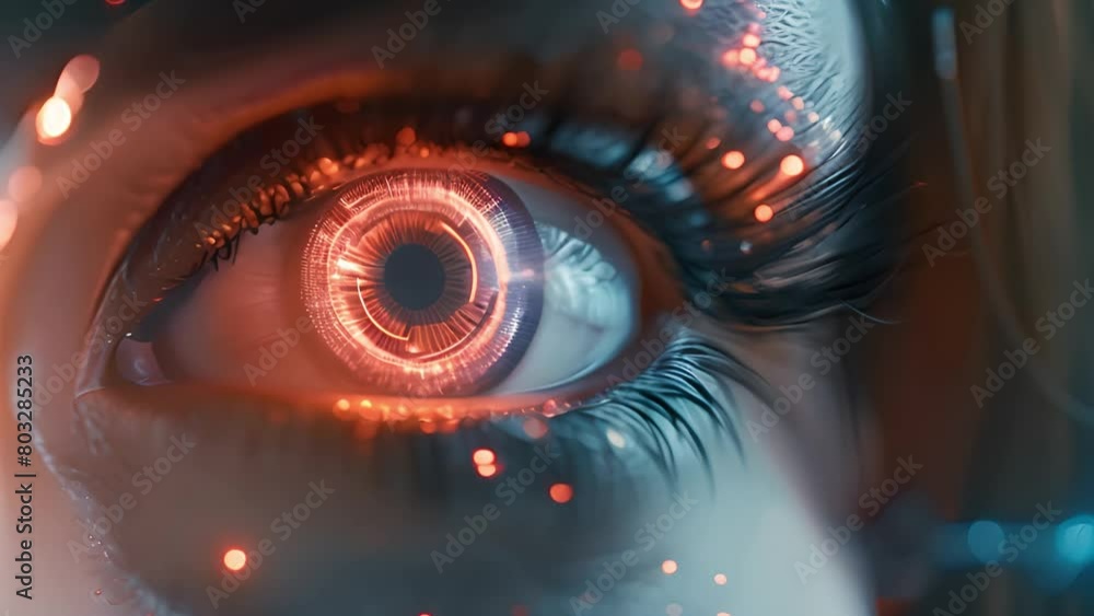 Aufkleber Close-up of a high-tech cyber eye with glowing interface elements.