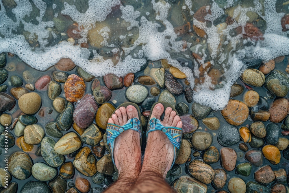 Aufkleber a person standing in the water with their feet submerged. suitable for various water-related concept