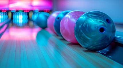Colorful neon bowling balls on polished lane in modern bowling alley, vibrant and bright setting - obrazy, fototapety, plakaty