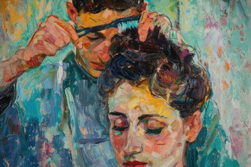A painting of a man combing a woman's hair. Ideal for beauty and relationship concepts