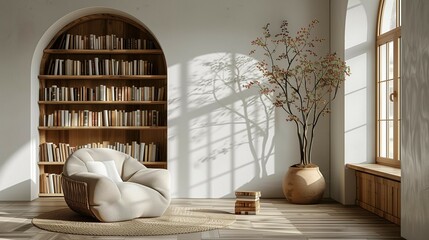 Minimalist Living Room with Elegant Bookshelf, generative ai