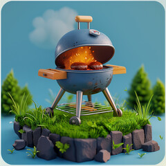 3d icon of a kettle bbq, flat icon style with blue pastel tones, summer time, bbq, backyard, barbecue, bar-b-q