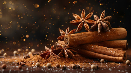Ceylon Cinnamon Sticks and Anise on a Textured,
Spices on a table with a bowl of cinnamon and other spices
 - obrazy, fototapety, plakaty