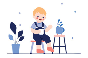 Cheerful toddler with a cup in a playful indoor setting