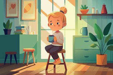 A girl sits on a stool sipping from a mug in a cozy kitchen