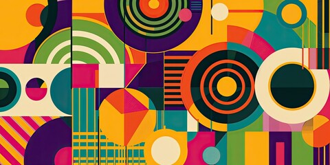 A colorful poster with bold geometric shapes and patterns,Listening to the music of minimalism, colorful circles, stripes and squares in a yellow, green, blue, purple and orange red palette