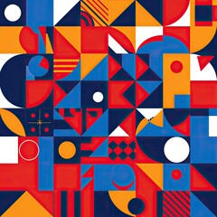 A flat design of an abstract geometric pattern with bold, primary colors like red and blue, featuring triangles, circles, squares, and other simple shapes arranged harmoniously.
